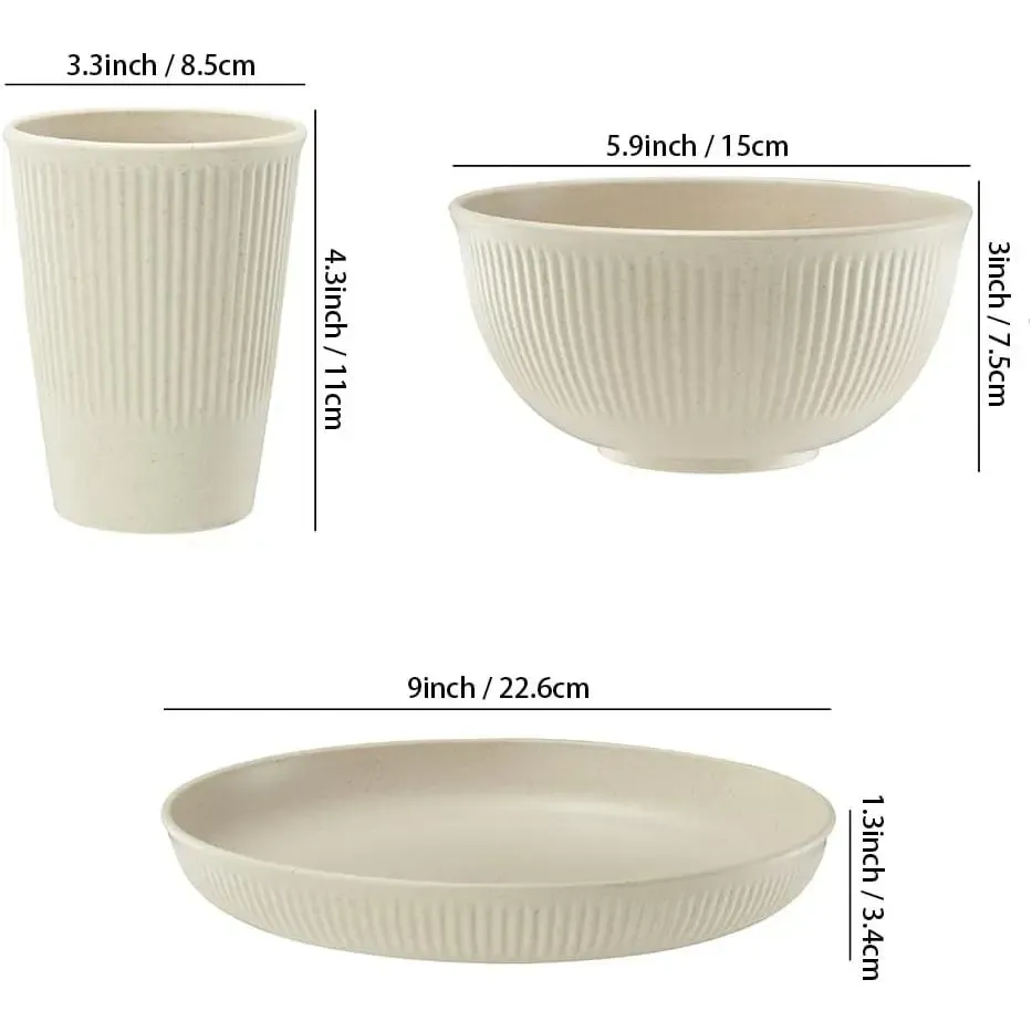 18-Piece Wheat Straw Dinnerware Set—Sturdy, durable, shatter-resistant, and reusable, includes cups, plates, and bowls, dishwasher and microwave safe.