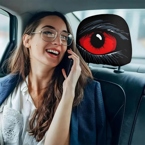 (2-Piece Set) Universal Red Devil's Eye Car Seat Headrest Covers – Red and Black Gothic Design,Washable Cotton Car Accessory, Durable, Stretchy Protective Covers