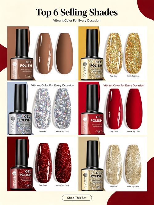 (Free mini UV nail lamp for the first 50 orders) Large-bottle 6-color trendy gel polish set—includes chocolate brown, deep red, and gold glitter shades,all are soak-off UV gel polishes, perfect for creating stylish party nail looks.