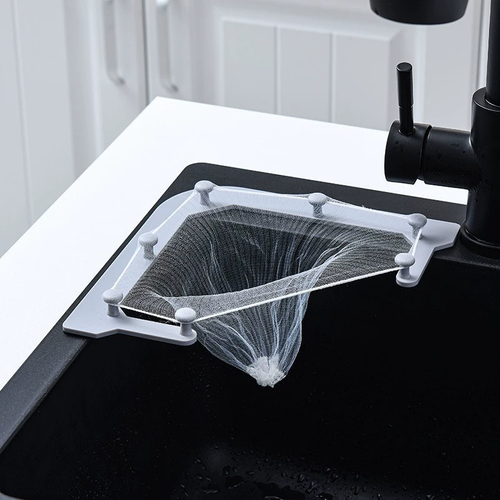 Kitchen Sink Drain Strainer with Triangular Holder Rack and 100 PCS Large Disposable Filter Mesh Bags for Food Leftover, Gray