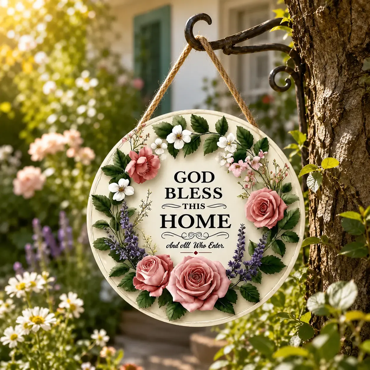 Wholesale available,God Bless This Home Round Wooden Sign, Floral Wreath Wall Art, Farmhouse Front Door Hanger, Inspirational Home Decor, Christian Welcome Sign for Porch, Living Room, Housewarming Gift