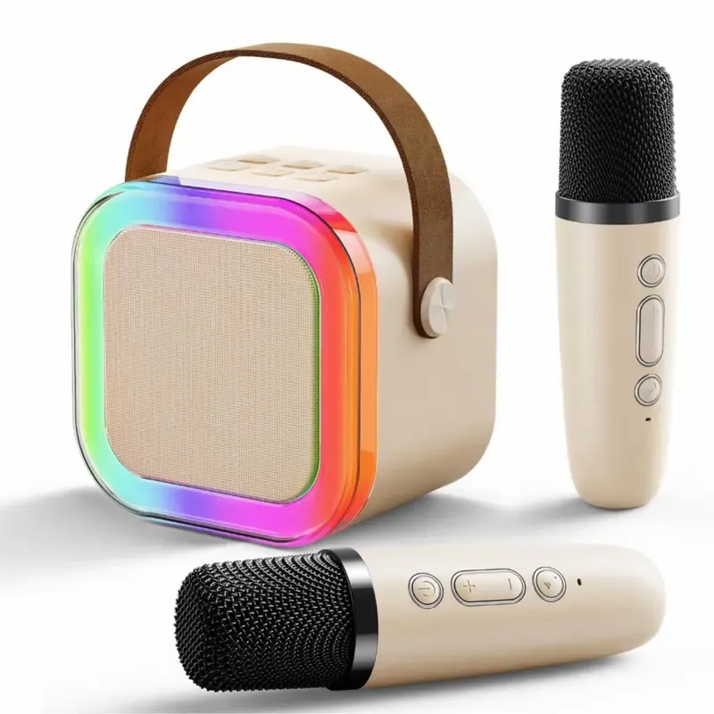 Portable Wireless Karaoke Speaker with 2 Wireless Microphones, HIFI Stereo Sound Subwoofers, RGB LED Lights, Adjustable Handle, Smartphone-Connectable Bluetooth USB Audio Device for Kid, Outdoor Sports, Room Use (Noise-Reducing Fall & Summer Companion)