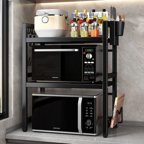 Adjustable Extendable Double-Layer Carbon Steel Microwave Rack - Kitchen Organization Solution for Home Kitchens Small Spaces, Spices Up Top Shelf, Assembly Required, for Countertop Utensils, Dishes & Small Appliances, Dorms