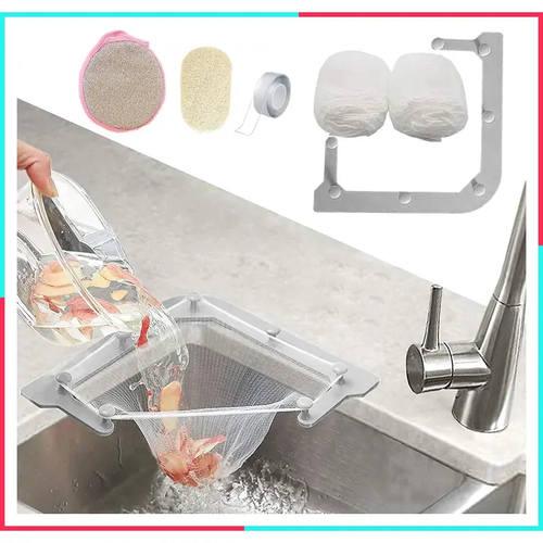 Kitchen Sink Drain Strainer with Triangular Holder Rack and 100 PCS Large Disposable Filter Mesh Bags for Food Leftover, Gray
