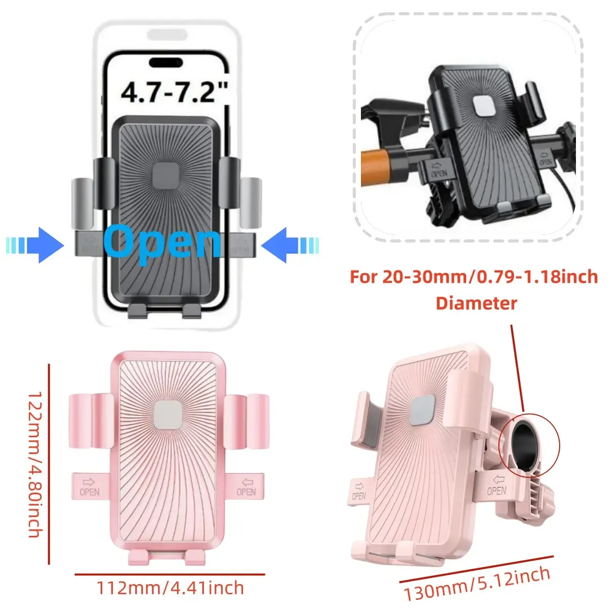 Universal smartphone mount for bicycles and motorcycles (unisex), featuring 360° rotation and shock absorption. It comes with a handlebar clamp and offers quick-release, anti-slip, and easy-installation capabilities,compatible with 4.7–7-inch smartphones and fits 0.8–1.1-inch handlebars on scooters and e-bikes.