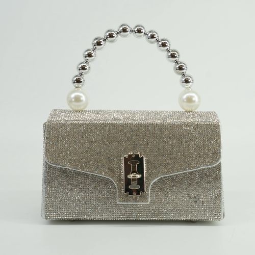 Luxurious and shiny crystal rhinestone evening dress bag, pearl handle, diamond decoration for the party
