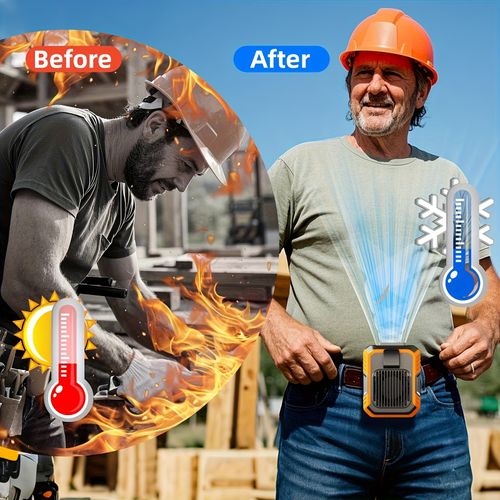 Portable Waist Fan 3-in-1 – Rechargeable Hands-Free Cooling Fan with LED Light & Power Bank. High-Power USB Fan for Outdoor Work, Camping, Travel, or Indoor Use. Stay Cool Anywhere! 💨🔋