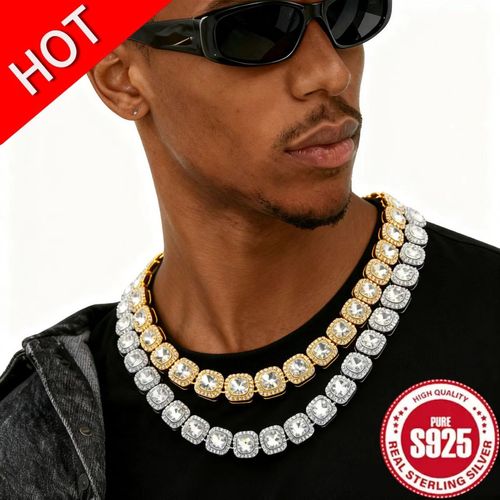 12mm Square Cut Moissanite Tennis Necklace – Full Ice Brilliant Cut, Unisex Symbol of Love & Friendship, Perfect Birthday, Anniversary, Valentine's or New Year Gift for Him or Her