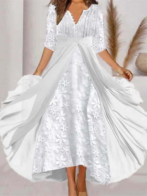 Women's Casual Dress Cotton Linen Dress Swing Dress Maxi long Dress Cotton Blend Fashion Elegant Outdoor Daily Split Neck Embroidered Button Half Sleeve Summer Spring Fall 2023 Regular Fit White
#9551908