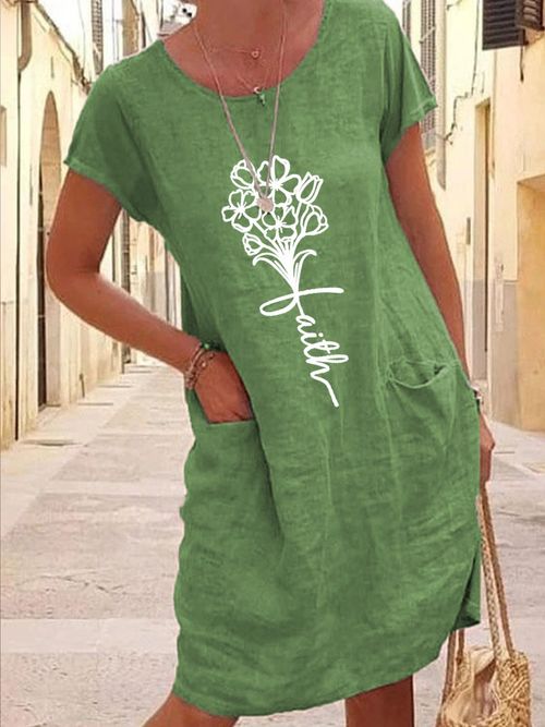 Women's Flower Faith Pocket Cotton Linen Dress