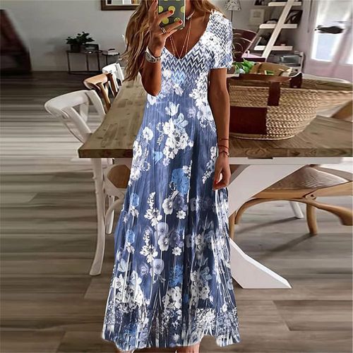 Stunning Floral Print Blue Maxi Dress