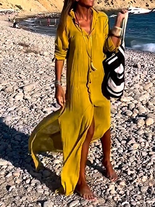 Women's Long Dress Maxi Dress Shirt Dress Casual Dress Spring Dress Plain Classic Modern Outdoor Daily Vacation Button Split Long Sleeve Shirt Collar Dress Loose Fit Yellow Summer Spring S M L XL XXL
#9554501