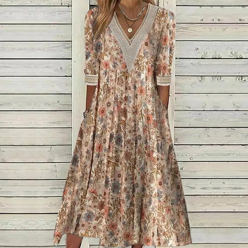 Brown Print V-Neck Midi Dress