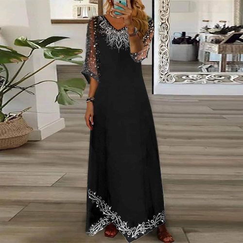 Black 3/4 Sleeve Print Maxi Dress