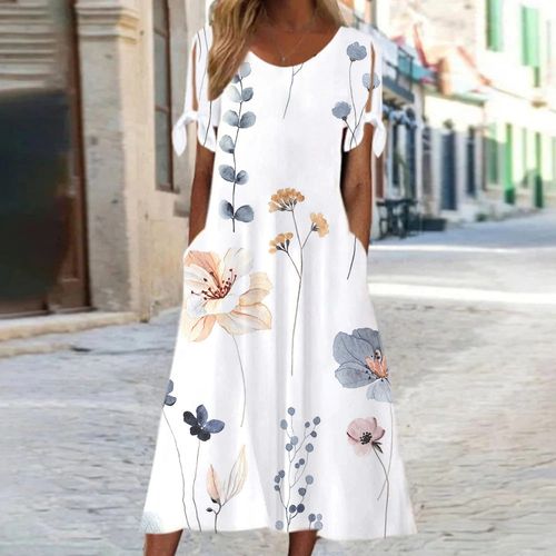 Stunning Plant Print Round Neck Midi Dress