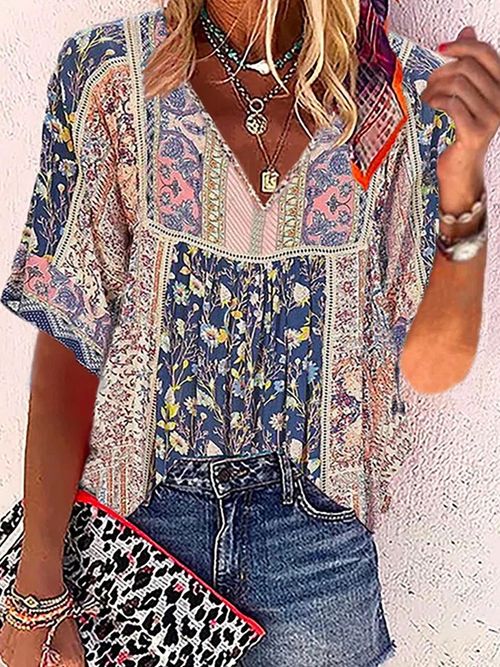 V-neck Casual Loose Floral Print Short Sleeve Blouse