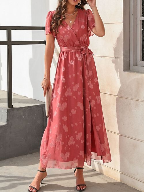 Women's Long Dress Maxi Dress Casual Dress Sundress A Line Dress Floral Fashion Streetwear Outdoor Daily Holiday Lace up Split Short Sleeve V Neck Dress Loose Fit Pink Red Blue Summer Spring S M L XL
#9537748