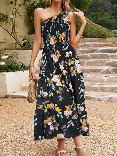 Women's Long Dress Maxi Dress Casual Dress Summer Dress Print Dress Floral Fashion Classic Daily Holiday Vacation Ruched Print Sleeveless One Shoulder Dress Regular Fit Black Yellow Pink Summer Spring
#9546506