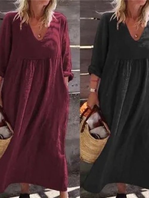 Women's Casual Dress Cotton Linen Dress Maxi long Dress Cotton Blend Basic Classic Outdoor Daily Vacation V Neck Pocket Long Sleeve Summer Spring Fall 2023 Loose Fit Black Wine Plain S M L XL 2XL
#9547999