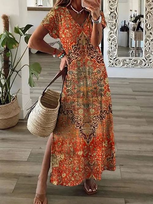 Women's Long Dress Maxi Dress Casual Dress Swing Dress Boho Dress Floral Tribal Modern Casual Daily Holiday Vacation Print Short Sleeve V Neck Dress Regular Fit Pink Red Orange Summer Spring S M L XL
#9552410