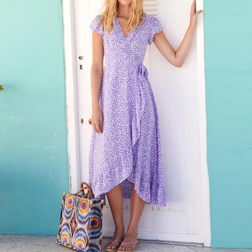 Purple Print Short Sleeve Midi Dress