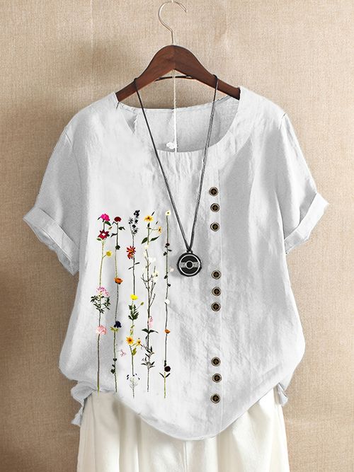 Plus Size Floral Print Button Decor Round Neck T-shirt, Women's Plus Casual Short Sleeve Tee