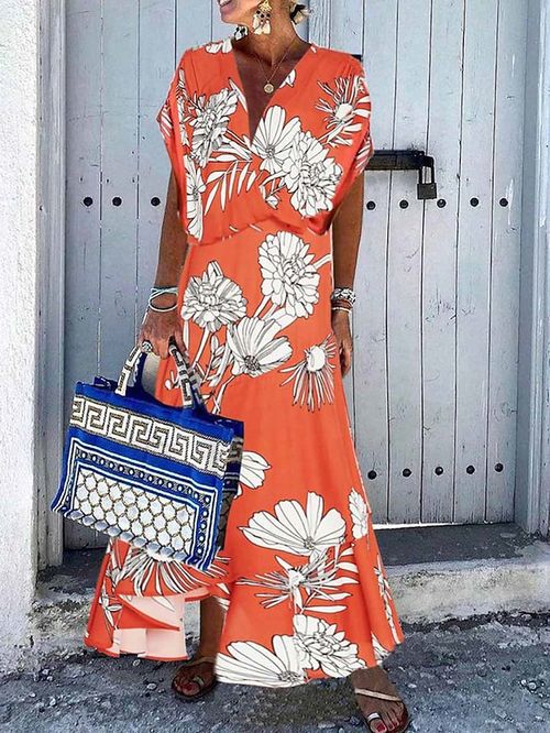 Women's Long Dress Maxi Dress Casual Dress Summer Dress Print Dress Floral Fashion Casual Daily Vacation Going out Print Short Sleeve V Neck Dress Loose Fit Orange Summer Spring S M L XL XXL
#9553083