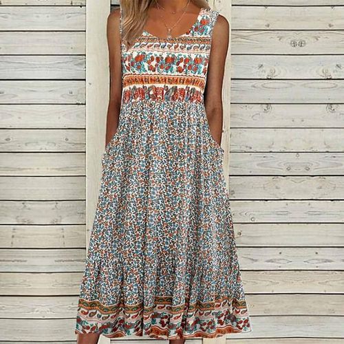 Tan Print Sleeveless Round Neck Midi Dress