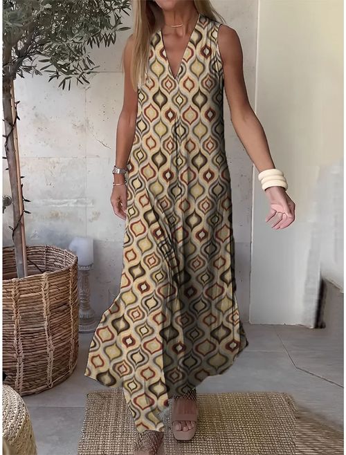 Women's Casual Dress Tank Dress Summer Dress Long Dress Maxi Dress Modern Casual Geometric Split Print Outdoor Daily Holiday V Neck Sleeveless Dress Loose Fit Light Yellow Summer Spring