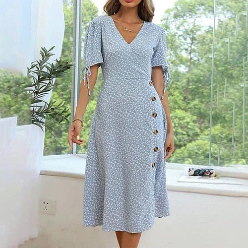 Fresh Blue Button Front Midi Dress