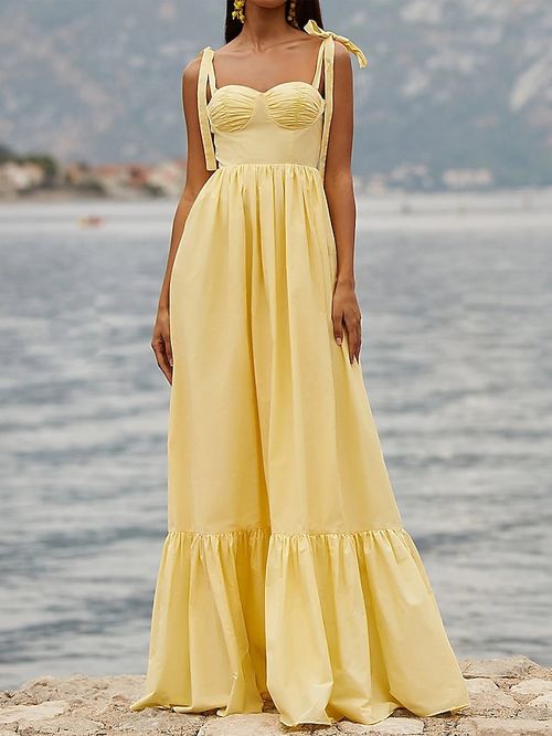 Women's Party Dress Wedding Guest Dress Swing Dress Long Dress Maxi Dress Yellow Sleeveless Pure Color Ruched Summer Spring Spaghetti Strap Party Birthday Wedding Guest Vacation 2023 S M L XL
#9555393