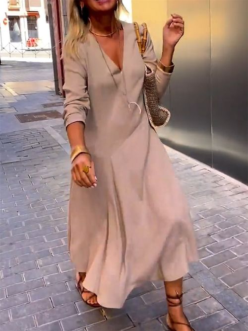 Women's Long Dress Maxi Dress Casual Dress Spring Dress Plain Streetwear Classic Outdoor Daily Vacation Loose Long Sleeve V Neck Dress Regular Fit Camel Summer Spring S M L XL XXL
#9554505