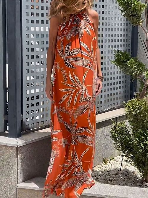 Women's Long Dress Maxi Dress Casual Dress Summer Dress Halter Neck Dress Leaf Fashion Streetwear Outdoor Holiday Date Print Sleeveless Halter Dress Loose Fit Red Summer Spring S M L XL XXL
#9552916