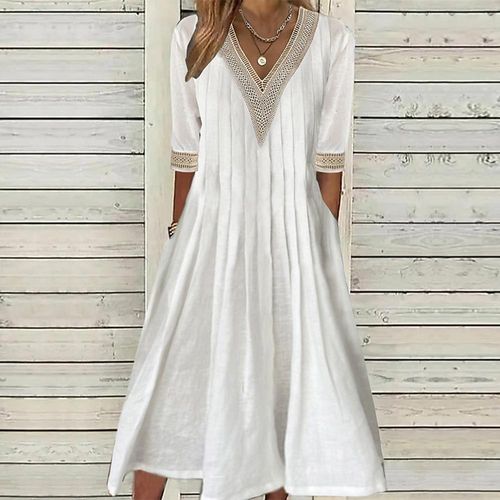 White Plain V-Neck Midi Dress