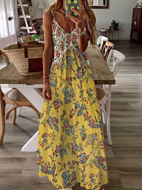 Women's Long Dress Maxi Dress Casual Dress A Line Dress Summer Dress Floral Fashion Streetwear Outdoor Daily Vacation Print Sleeveless Strap Dress Slim Yellow Summer Spring S M L XL XXL
#9551564