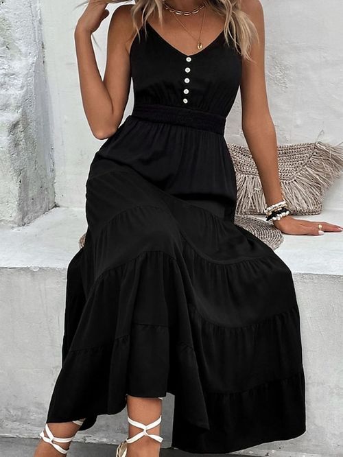 Women's Long Dress Maxi Dress Casual Dress Swing Dress Plain Fashion Casual Daily Holiday Vacation Ruched Button Sleeveless Strap Dress Regular Fit Black Summer Spring S M L XL
#9548124