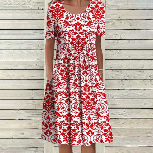 Elegant Short Sleeve Red Print Midi Dress