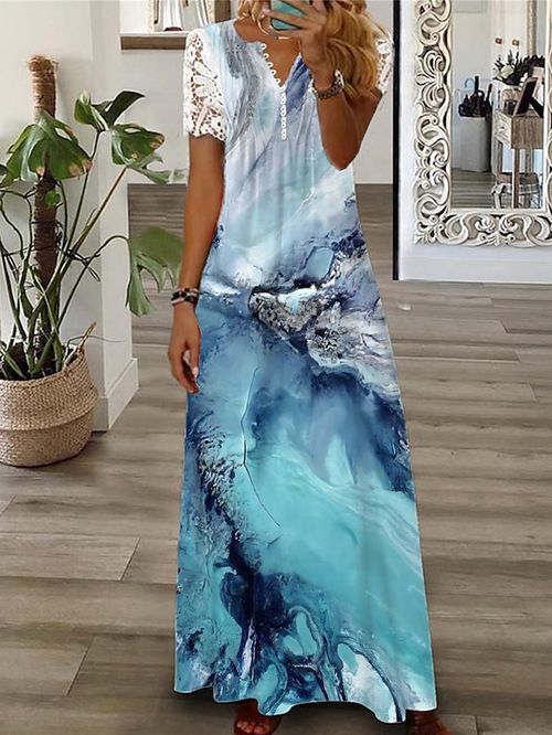 Women's Long Dress Maxi Dress A Line Dress Print Dress Marbling Fashion Romantic Holiday Vacation Beach Lace Ruched Short Sleeve V Neck Dress Regular Fit Blue Summer Spring S M L XL XXL
#9537652