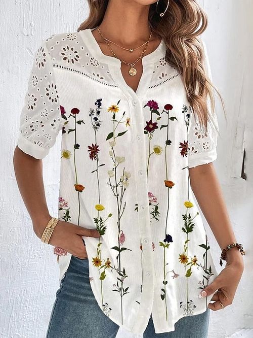 Women's Shirt Blouse White Eyelet Tops Black Pink Red Floral Lace Button Short Sleeve Casual Basic V Neck Regular Floral S