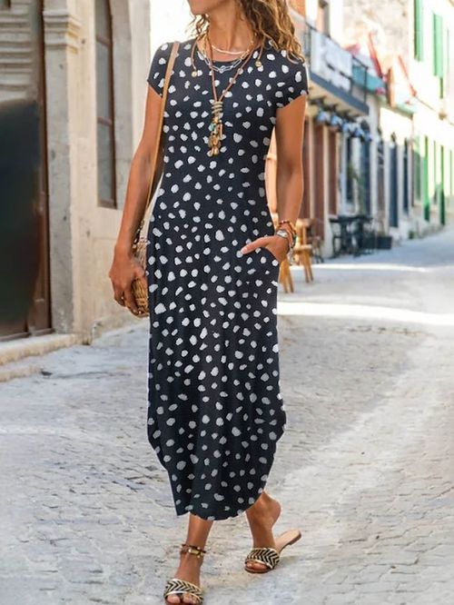 Women's Long Dress Maxi Dress Casual Dress Shift Dress Summer Dress Floral Geometric Feather Fashion Streetwear Outdoor Daily Going out Pocket Split Short Sleeve Crew Neck Dress Regular Fit Black
#9551555