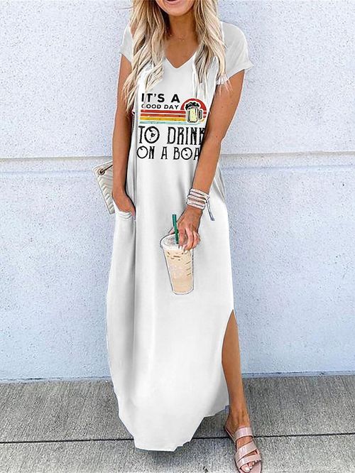 Women's Long Dress Maxi Dress Casual Dress Letter Classic Casual Home Vacation Weekend Split Short Sleeve V Neck Dress Loose Fit White Blue Brown Summer S M L XL XXL
#9555201