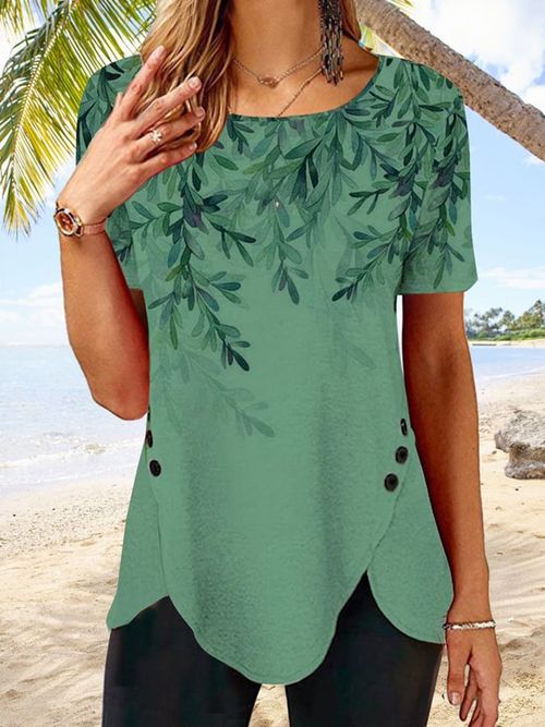 Women's Crew Neck Floral Tulip Hem Resort Tunic T-Shirt