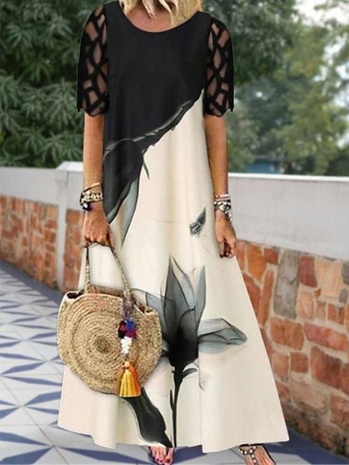 Women's Long Dress Maxi Dress Casual Dress Summer Dress Print Dress Floral Fashion Casual Outdoor Daily Vacation Mesh Patchwork Short Sleeve Crew Neck Dress Loose Fit White Green Beige Summer Spring
#9541997