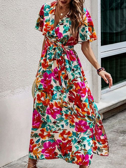 Women's Long Dress Maxi Dress Casual Dress Chiffon Dress Sundress Leaf Floral Fashion Streetwear Outdoor Daily Holiday Lace up Split Short Sleeve V Neck Dress Loose Fit White Yellow Fuchsia Summer
#9542068