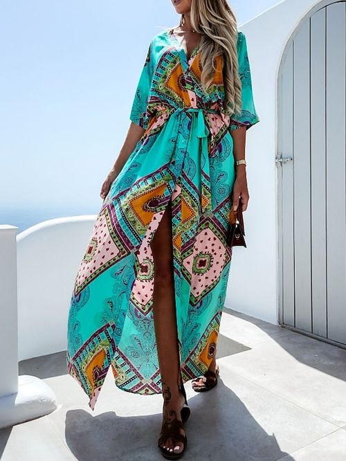 Women's Long Dress Maxi Dress Casual Dress Swing Dress Print Dress Color Block Print Tribal Fashion Classic Daily Holiday Vacation Patchwork Split Half Sleeve V Neck Dress Regular Fit Orange Green
#9546502