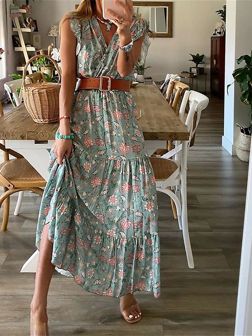 Women's Long Dress Maxi Dress Casual Dress Swing Dress Summer Dress Floral Streetwear Casual Outdoor Daily Holiday Ruffle Print Short Sleeve V Neck Dress Regular Fit Green Summer Spring S M L XL
#9534267