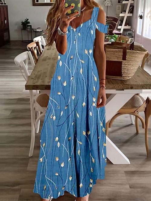 Women's Long Dress Maxi Dress Casual Dress A Line Dress Summer Dress Floral Fashion Streetwear Outdoor Daily Date Cold Shoulder Print Short Sleeve Strap Dress Regular Fit Blue Summer Spring S M L XL
#9542061