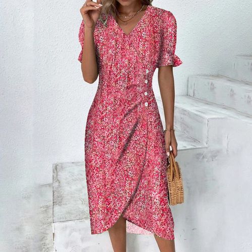 Small Pink Red Rose Print Wrap V-Neck Mini Dres