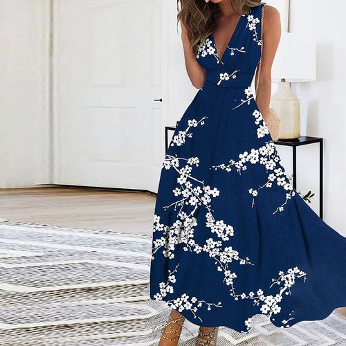 Navy Floral Print Sleeveless Midi Dress