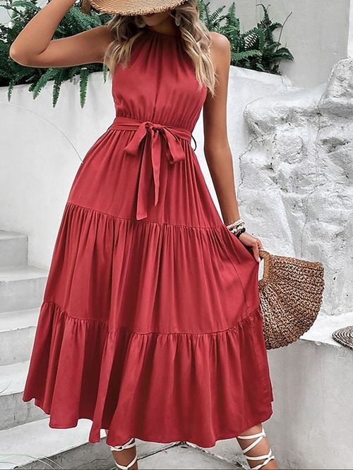 Women's Long Dress Maxi Dress Swing Dress Halter Neck Dress Plain Fashion Classic Daily Holiday Vacation Lace up Ruched Sleeveless Cold Shoulder Dress Regular Fit Wine Summer Spring S M L XL
#9545773